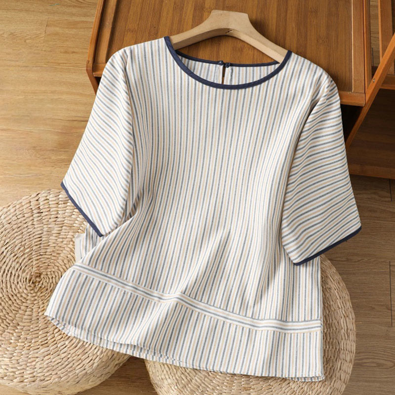 Nimara Ritual Pullover Stripes Crew Neck Design Women's Cotton Short Sleeves Shirt