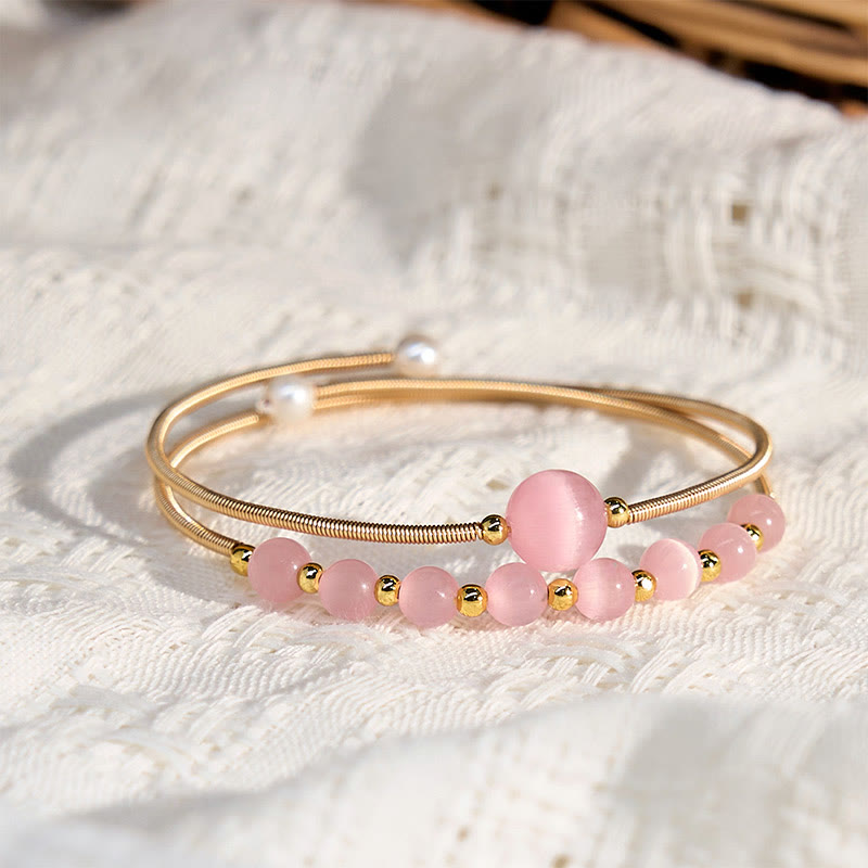 Nimara Ritual 14K Gold Filled Copper Pink Cat Eye Support Metal Cuff Bracelet Bangle
