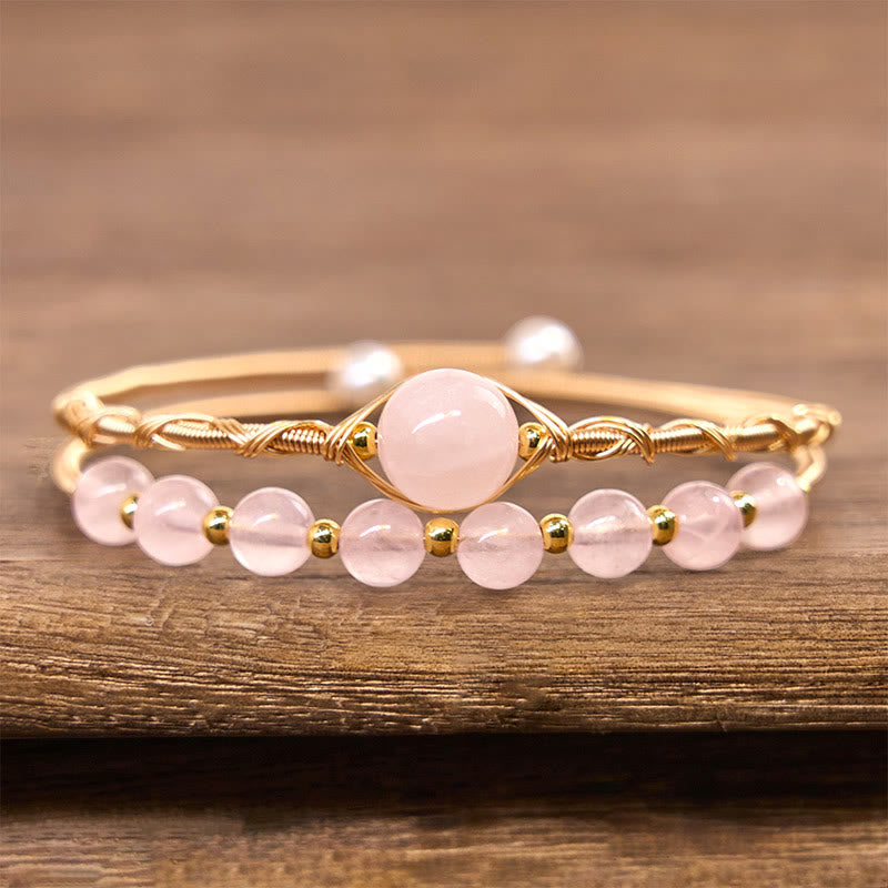 Nimara Ritual Natural Rose Quartz Love Healing Metal Cuff Bracelet Bangle