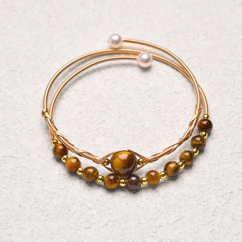 Nimara Ritual 14K Gold Filled Copper Natural Tiger Eye Protection Metal Cuff Bracelet Bangle