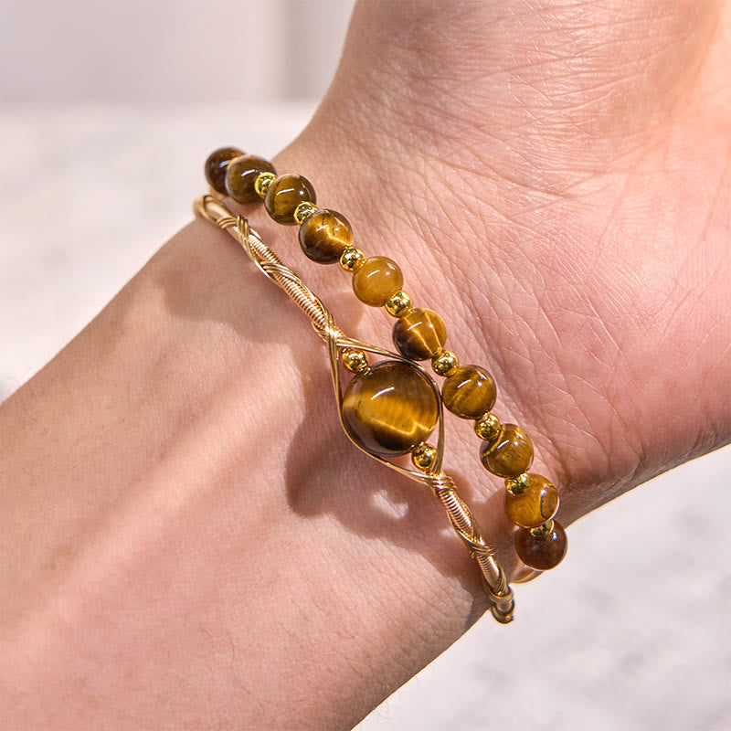 Nimara Ritual 14K Gold Filled Copper Natural Tiger Eye Protection Metal Cuff Bracelet Bangle