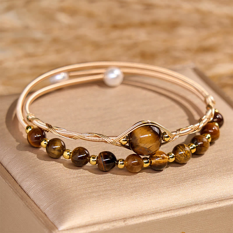 Nimara Ritual 14K Gold Filled Copper Natural Tiger Eye Protection Metal Cuff Bracelet Bangle