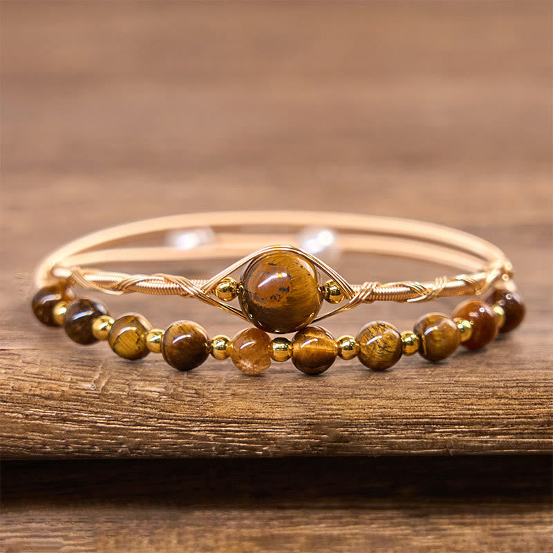 Nimara Ritual 14K Gold Filled Copper Natural Tiger Eye Protection Metal Cuff Bracelet Bangle