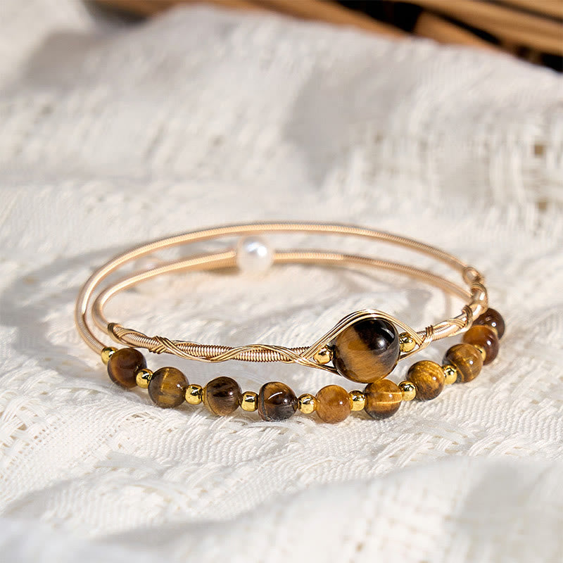 Nimara Ritual 14K Gold Filled Copper Natural Tiger Eye Protection Metal Cuff Bracelet Bangle