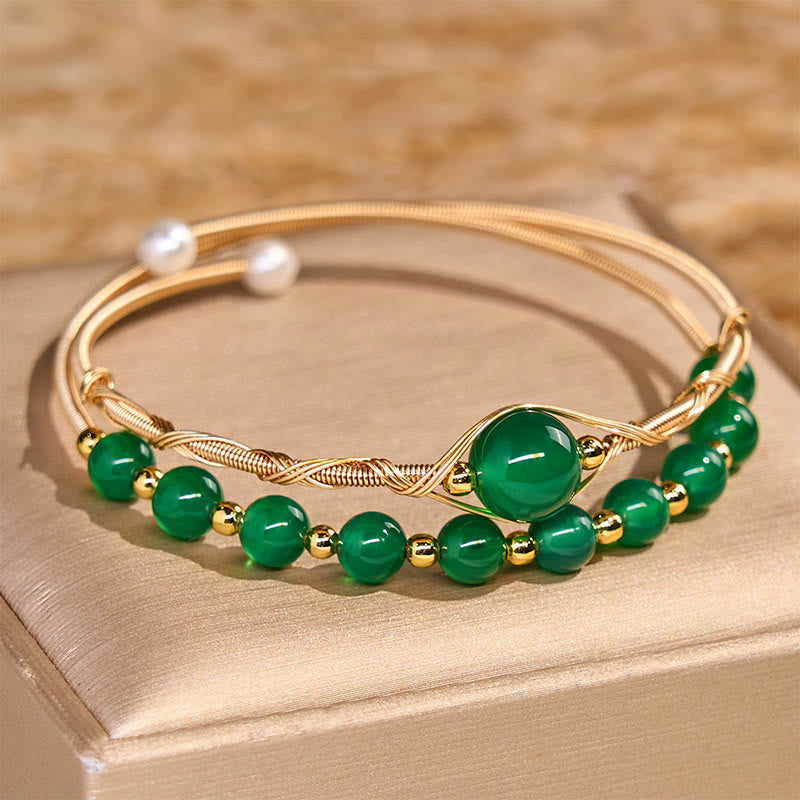 Nimara Ritual 14K Gold Filled Copper Natural Green Agate Power Metal Cuff Bracelet Bangle