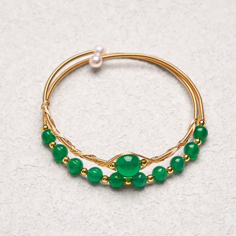 Nimara Ritual 14K Gold Filled Copper Natural Green Agate Power Metal Cuff Bracelet Bangle