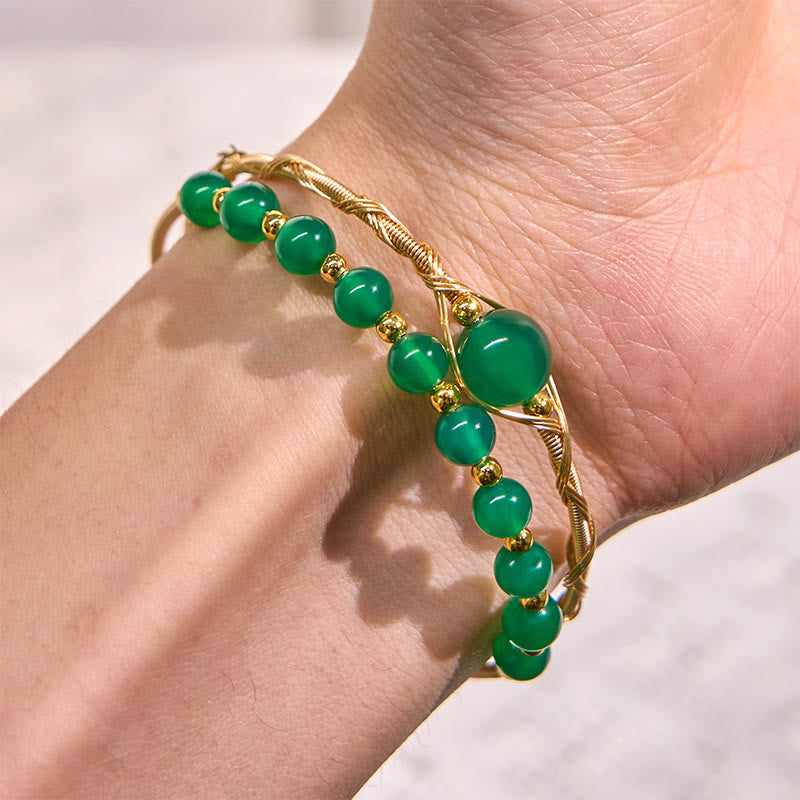 Nimara Ritual 14K Gold Filled Copper Natural Green Agate Power Metal Cuff Bracelet Bangle