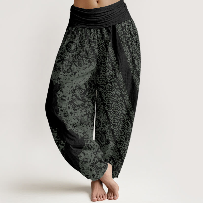 Nimara Ritual Pure Cotton Mandala Pattern Parallel Flowers Women's Elastic Waist Harem Pants