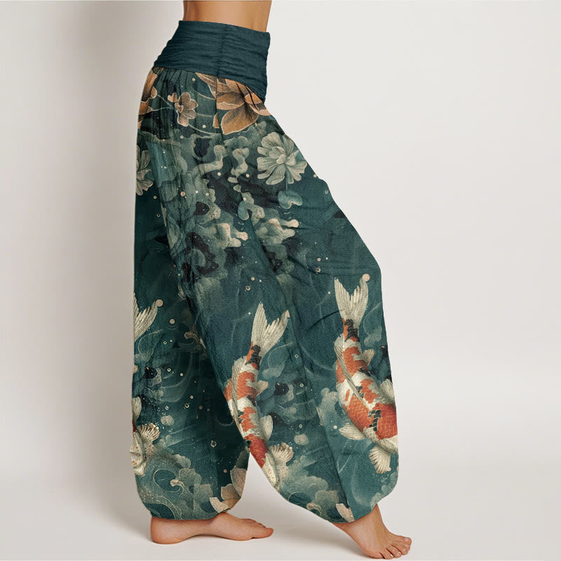 Nimara Ritual Pure Cotton Colorful Koi Fish Lotus Flowers Design Women's Elastic Waist Harem Pants