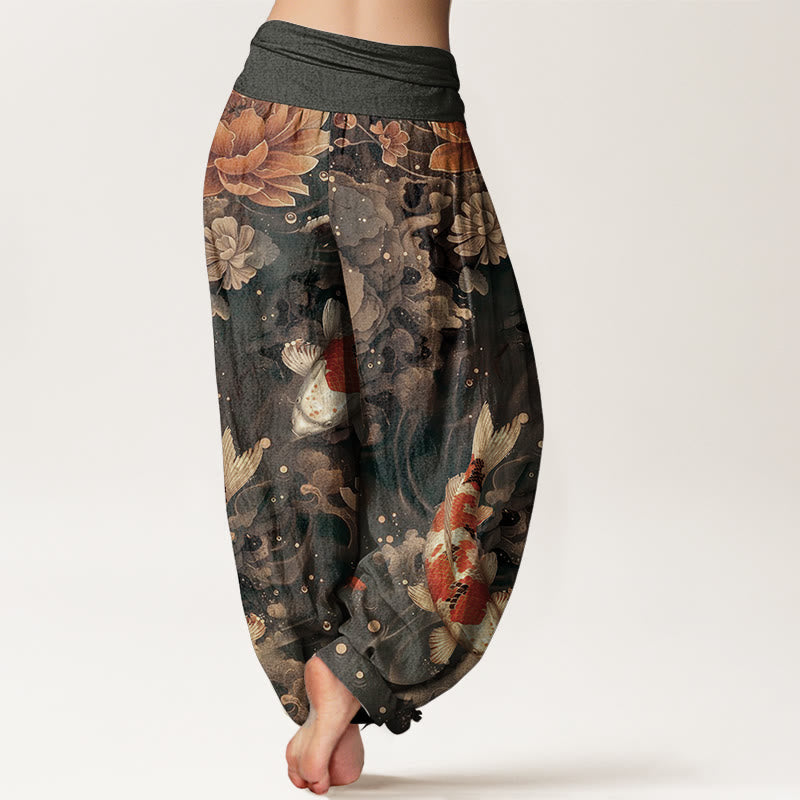Nimara Ritual Pure Cotton Colorful Koi Fish Lotus Flowers Design Women's Elastic Waist Harem Pants