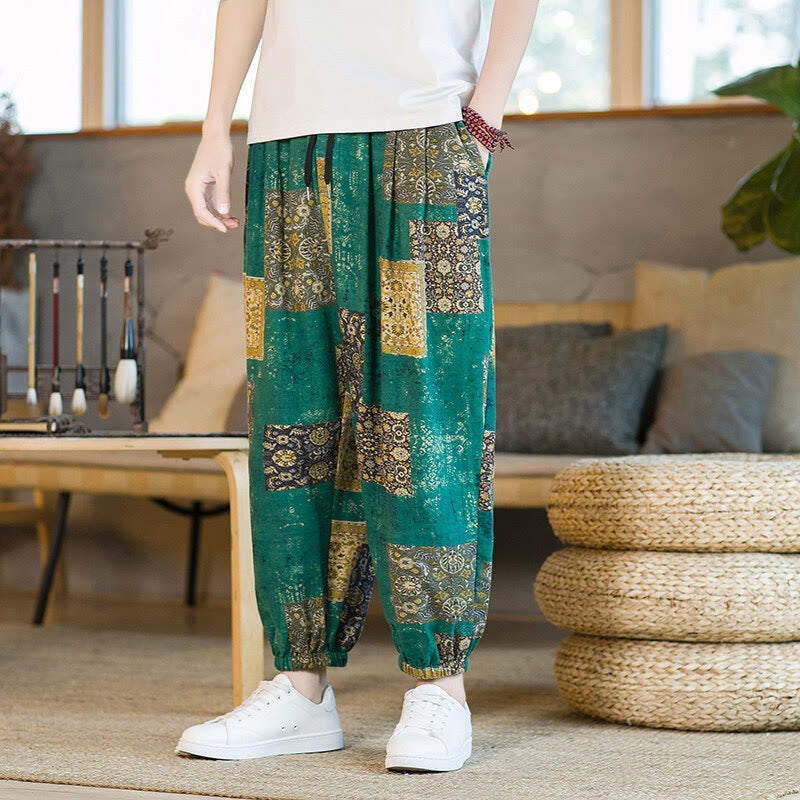 Nimara Ritual Summer Square Patchwork Men's Ankle-Length Harem Pants With Pockets
