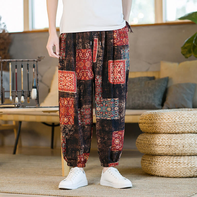Nimara Ritual Summer Square Patchwork Men's Ankle-Length Harem Pants With Pockets