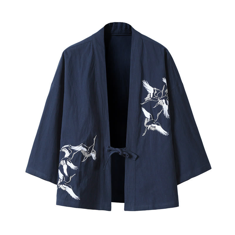 Nimara Ritual Embroidery Flying White Cranes Cotton Linen Open Front Jacket Men's Kimono