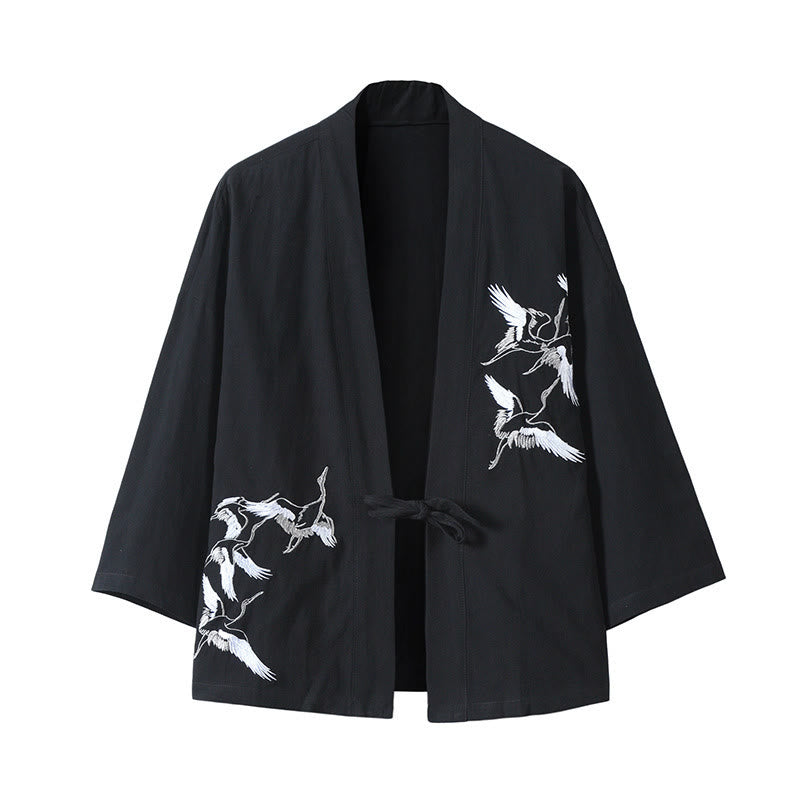 Nimara Ritual Embroidery Flying White Cranes Cotton Linen Open Front Jacket Men's Kimono
