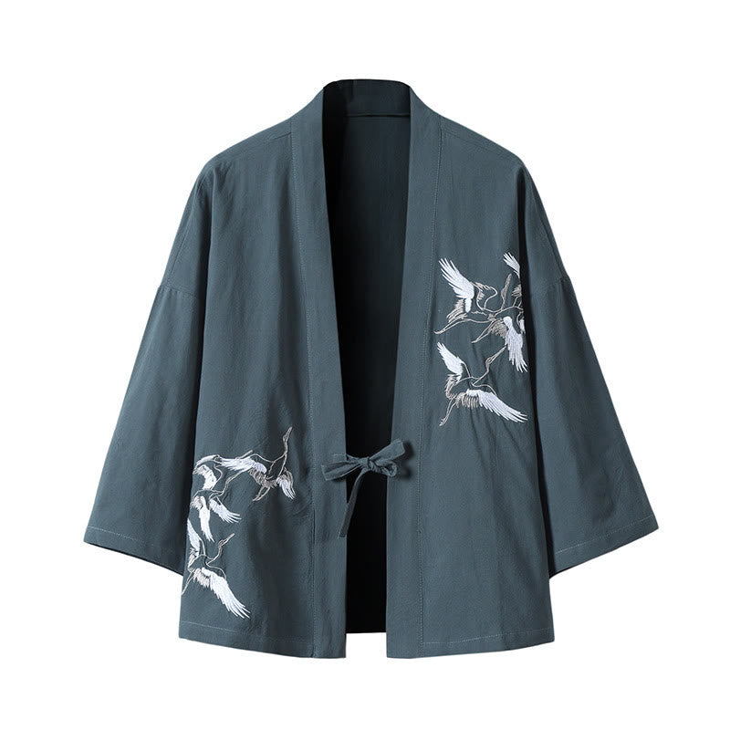 Nimara Ritual Embroidery Flying White Cranes Cotton Linen Open Front Jacket Men's Kimono