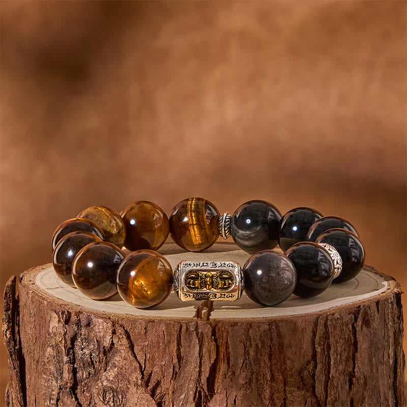 Nimara Ritual Natural Silver Sheen Obsidian Tiger Eye Vajra Protection Bracelet