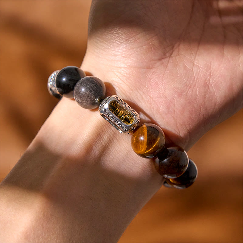 Nimara Ritual Natural Silver Sheen Obsidian Tiger Eye Vajra Protection Bracelet