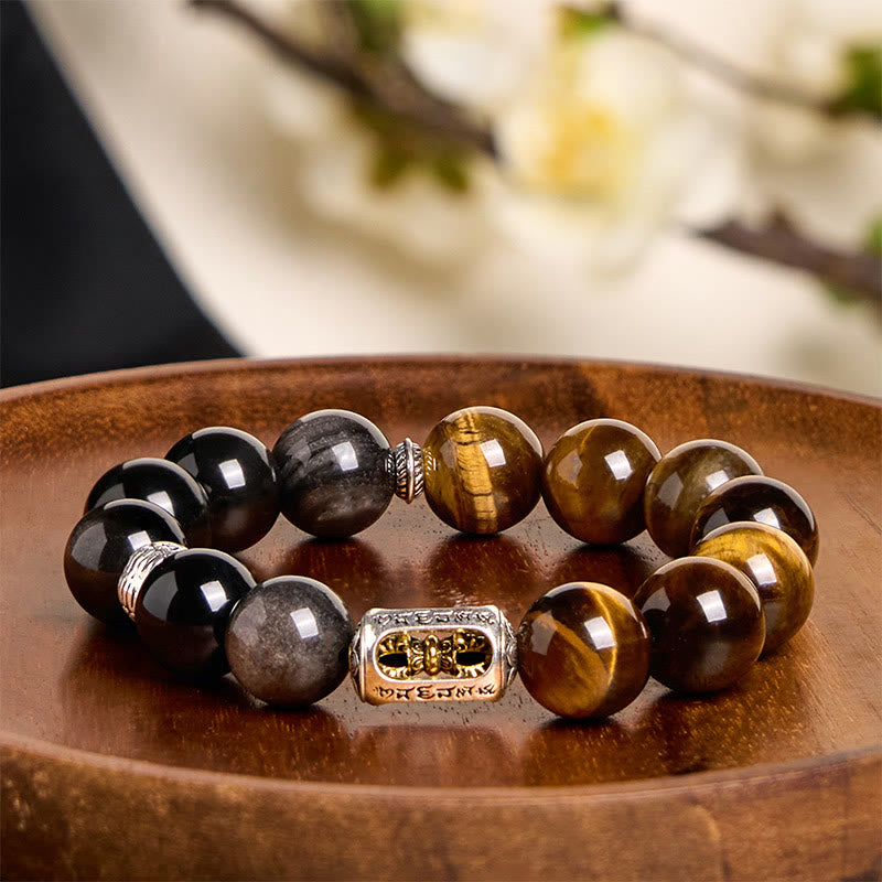 Nimara Ritual Natural Silver Sheen Obsidian Tiger Eye Vajra Protection Bracelet