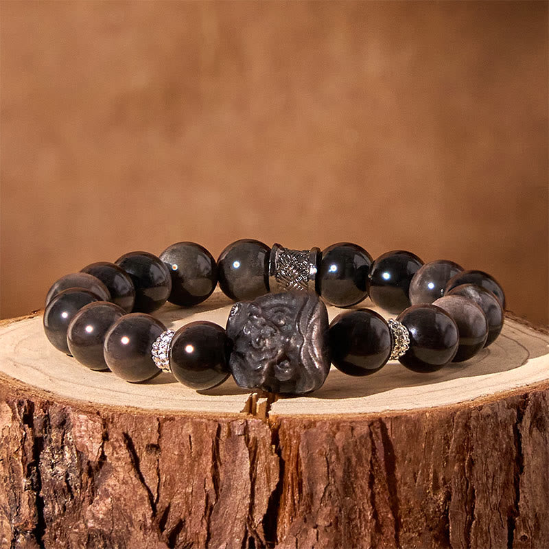 Nimara Ritual Natural Silver Sheen Obsidian Lion Dance Protection Bracelet