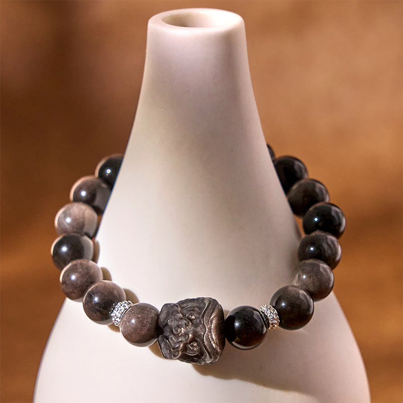Nimara Ritual Natural Silver Sheen Obsidian Lion Dance Protection Bracelet