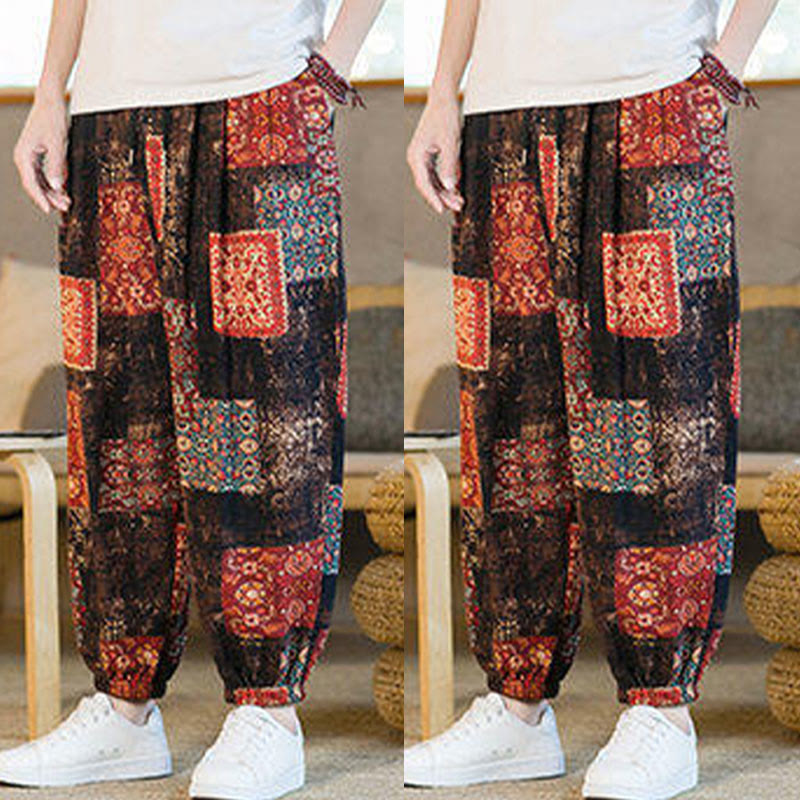 Nimara Ritual Summer Square Patchwork Men's Ankle-Length Harem Pants With Pockets