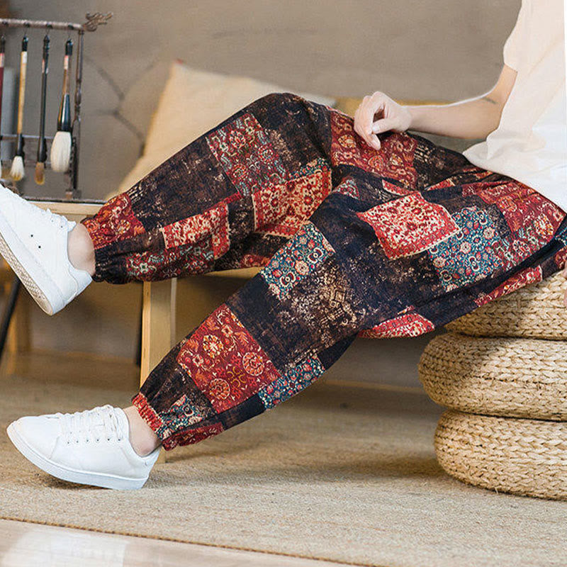 Nimara Ritual Summer Square Patchwork Men's Ankle-Length Harem Pants With Pockets