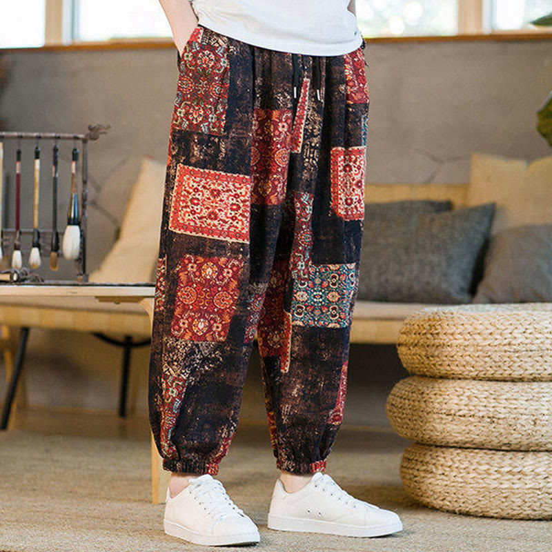 Nimara Ritual Summer Square Patchwork Men's Ankle-Length Harem Pants With Pockets