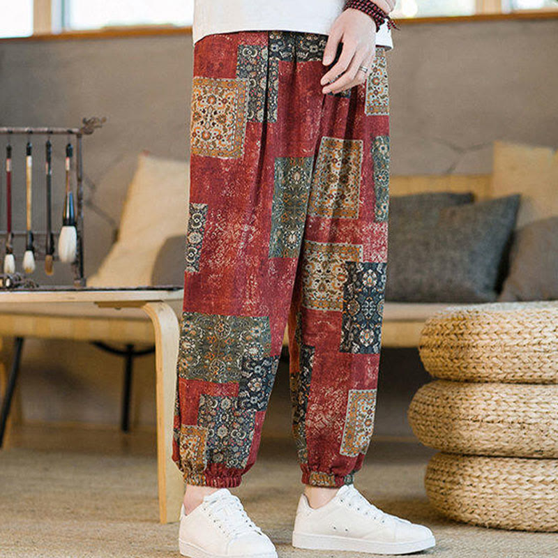 Nimara Ritual Summer Square Patchwork Men's Ankle-Length Harem Pants With Pockets