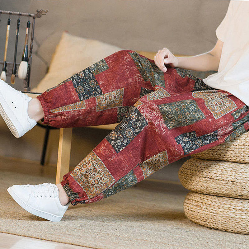Nimara Ritual Summer Square Patchwork Men's Ankle-Length Harem Pants With Pockets