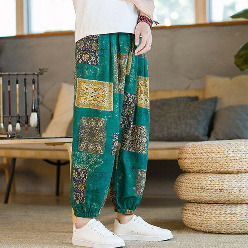 Nimara Ritual Summer Square Patchwork Men's Ankle-Length Harem Pants With Pockets