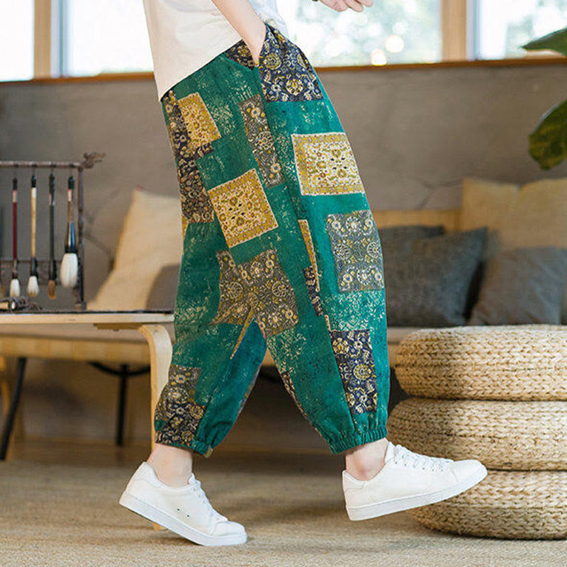 Nimara Ritual Summer Square Patchwork Men's Ankle-Length Harem Pants With Pockets