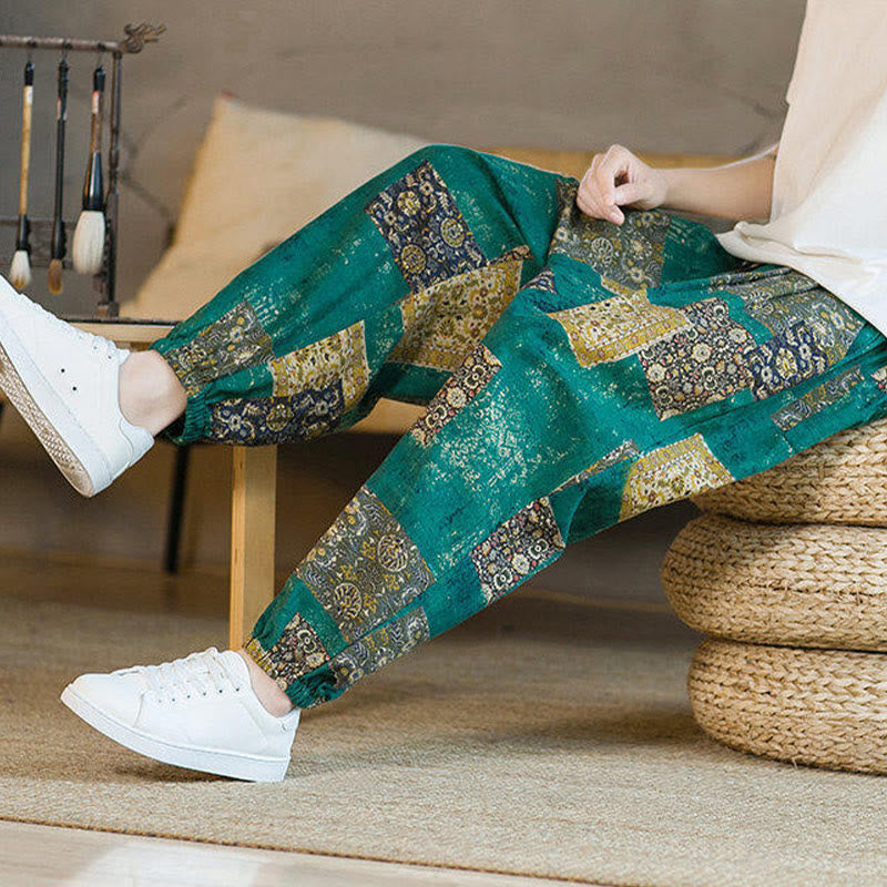 Nimara Ritual Summer Square Patchwork Men's Ankle-Length Harem Pants With Pockets