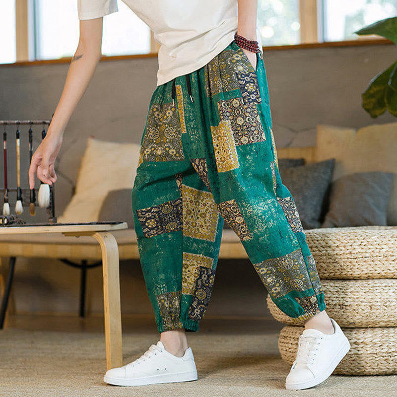 Nimara Ritual Summer Square Patchwork Men's Ankle-Length Harem Pants With Pockets