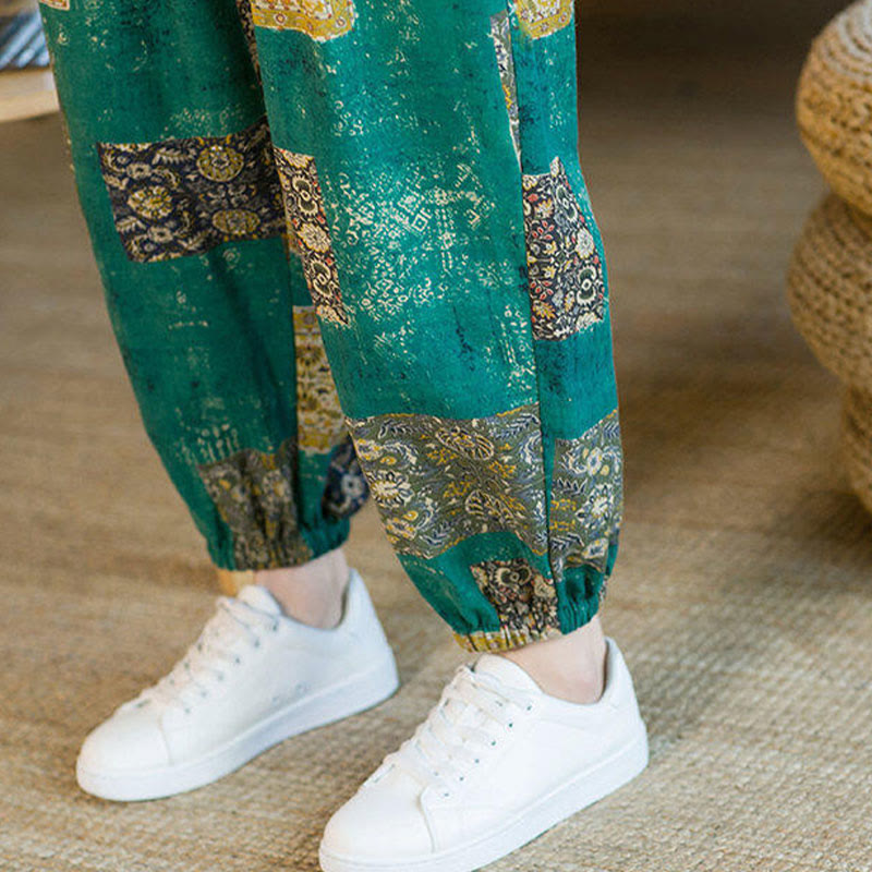 Nimara Ritual Summer Square Patchwork Men's Ankle-Length Harem Pants With Pockets