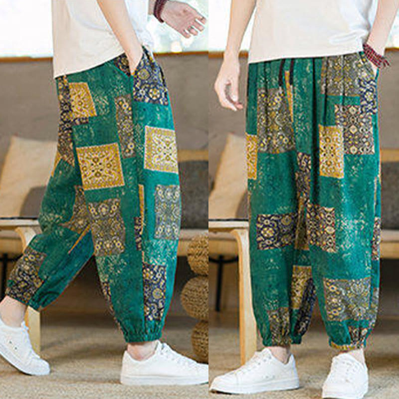 Nimara Ritual Summer Square Patchwork Men's Ankle-Length Harem Pants With Pockets