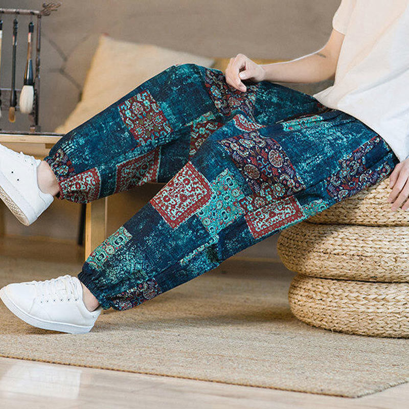 Nimara Ritual Summer Square Patchwork Men's Ankle-Length Harem Pants With Pockets