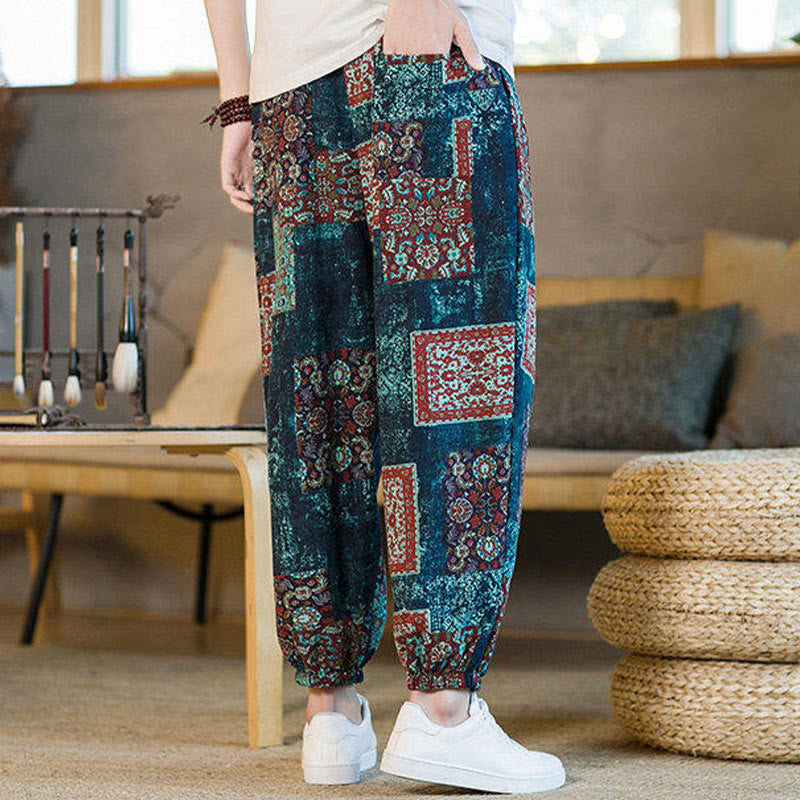 Nimara Ritual Summer Square Patchwork Men's Ankle-Length Harem Pants With Pockets