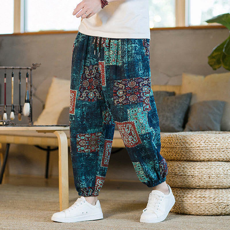 Nimara Ritual Summer Square Patchwork Men's Ankle-Length Harem Pants With Pockets
