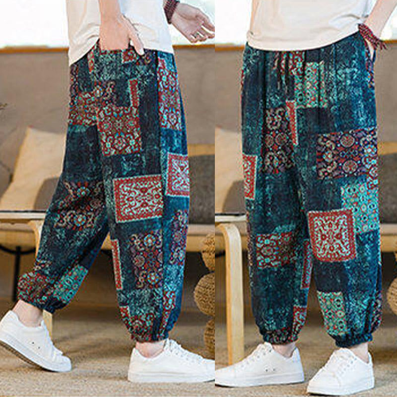 Nimara Ritual Summer Square Patchwork Men's Ankle-Length Harem Pants With Pockets