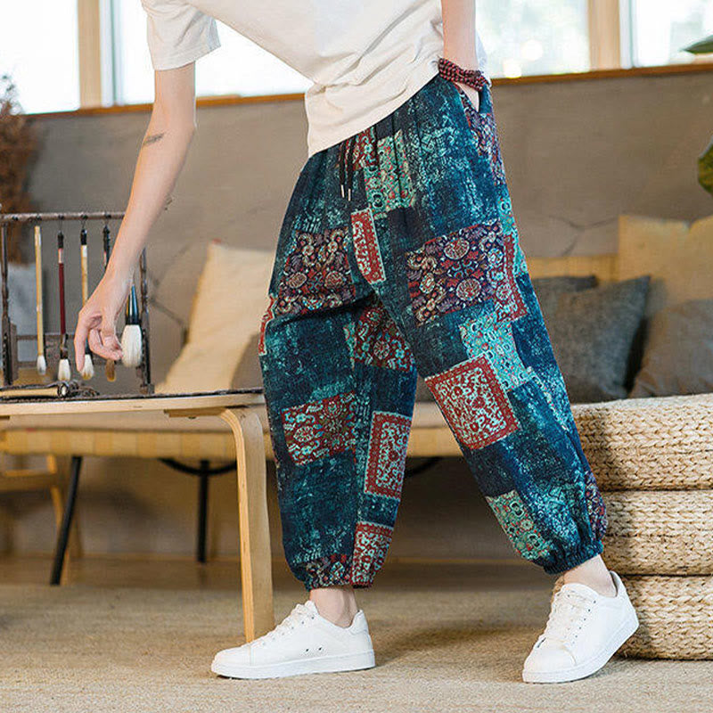 Nimara Ritual Summer Square Patchwork Men's Ankle-Length Harem Pants With Pockets