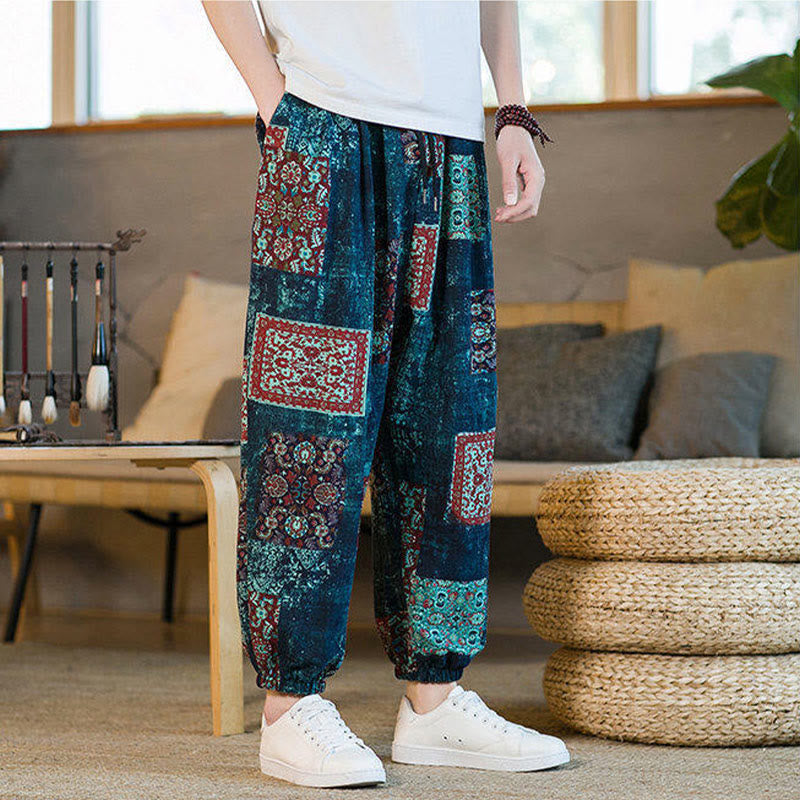 Nimara Ritual Summer Square Patchwork Men's Ankle-Length Harem Pants With Pockets