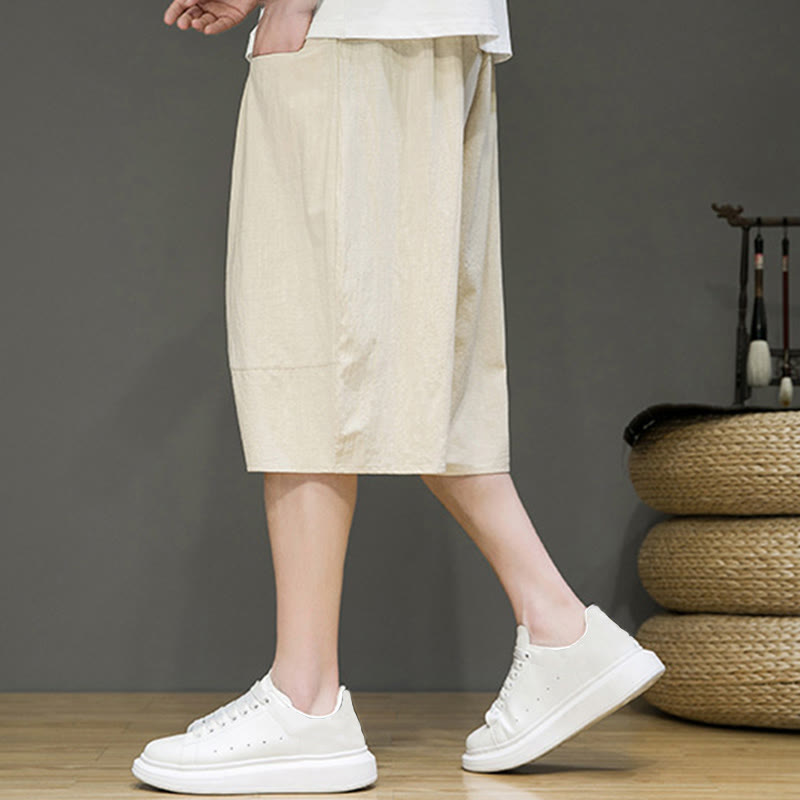 Nimara Ritual Casual Drawstring Cotton Linen Men's Capri Harem Pants With Pockets