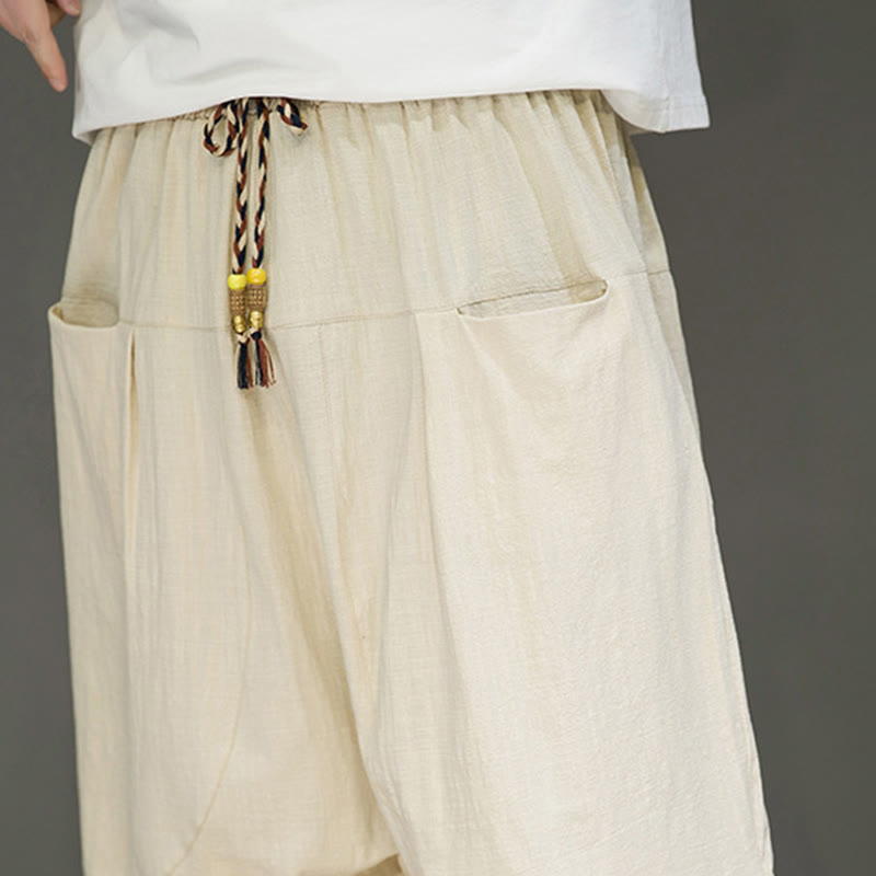 Nimara Ritual Casual Drawstring Cotton Linen Men's Capri Harem Pants With Pockets