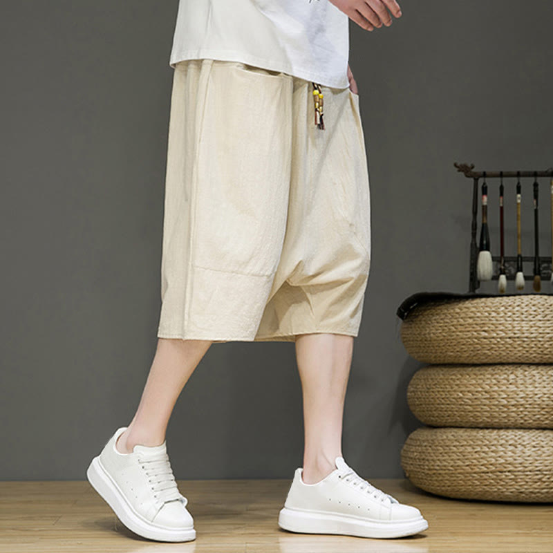 Nimara Ritual Casual Drawstring Cotton Linen Men's Capri Harem Pants With Pockets