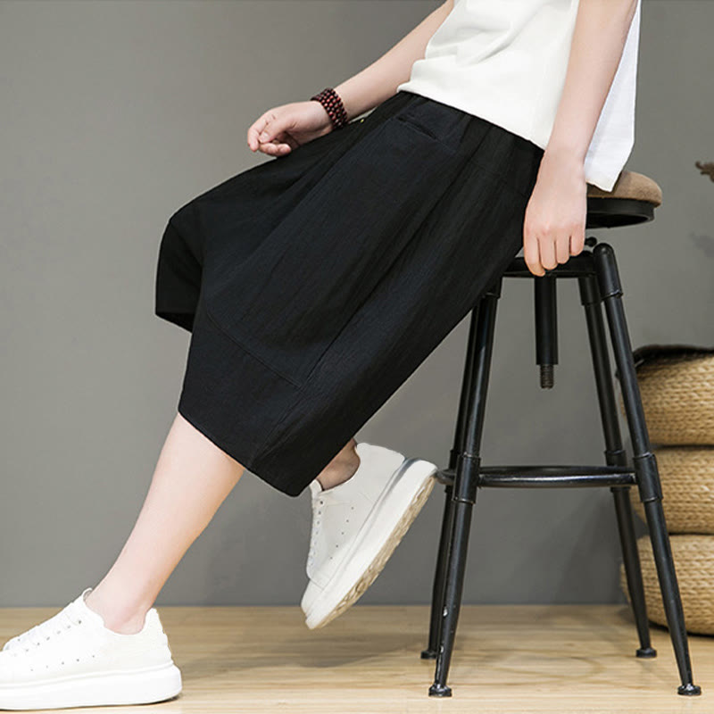 Nimara Ritual Casual Drawstring Cotton Linen Men's Capri Harem Pants With Pockets