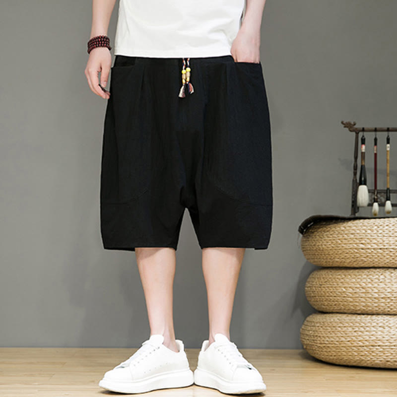 Nimara Ritual Casual Drawstring Cotton Linen Men's Capri Harem Pants With Pockets
