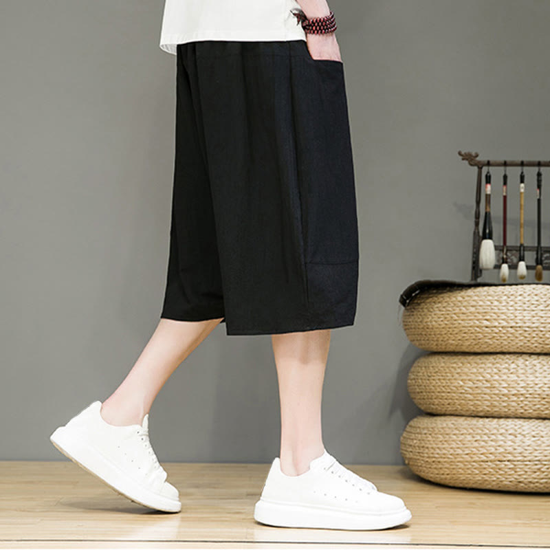 Nimara Ritual Casual Drawstring Cotton Linen Men's Capri Harem Pants With Pockets
