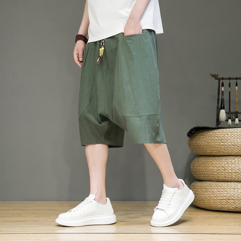 Nimara Ritual Casual Drawstring Cotton Linen Men's Capri Harem Pants With Pockets