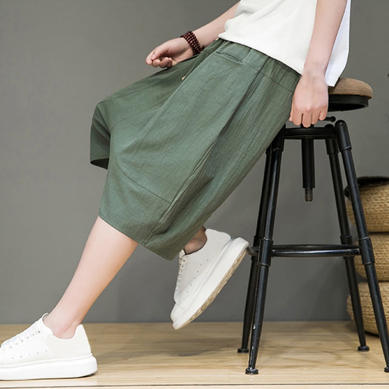 Nimara Ritual Casual Drawstring Cotton Linen Men's Capri Harem Pants With Pockets