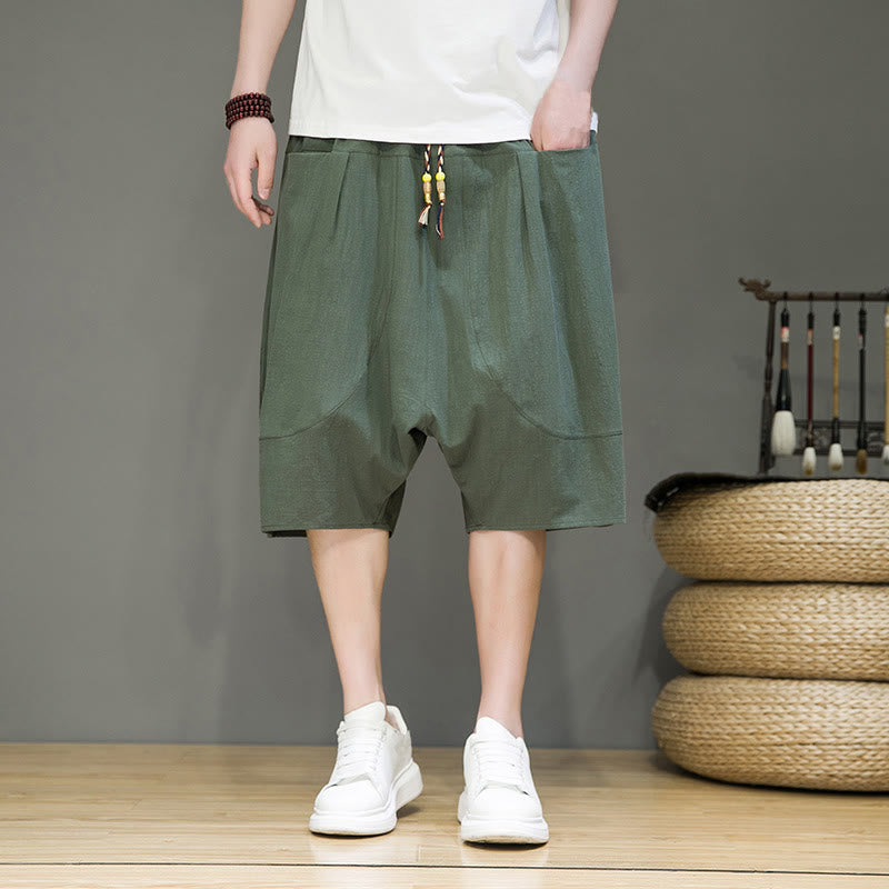 Nimara Ritual Casual Drawstring Cotton Linen Men's Capri Harem Pants With Pockets